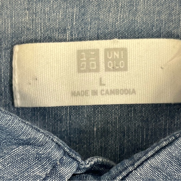 Uniqlo Shirt Large Blue Chambray Button Up Short Sleeve Linen Blend Preppy Men - Picture 4 of 12